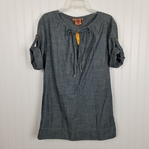 Tory Burch NWT Lyot Chambray Tunic Dress Roll Tab Sleeve Pockets Split V Neck - Picture 3 of 11